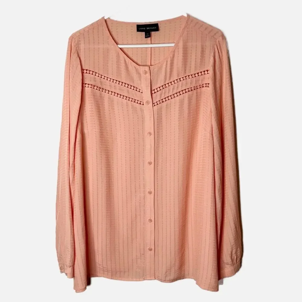 Lane Bryant Women's Blouse 14 Coral Pink Crochet Long Sleeve Crew Neck Button Up - Picture 2 of 9